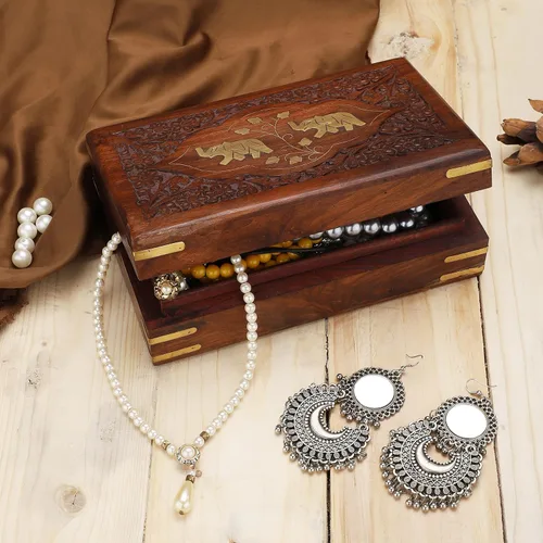 Miniatura 5 de Ajuny Hermosa caja de joyería de madera hecha a mano con incrustaciones de latón elefante con diseño de elefante organizador de almacenamiento