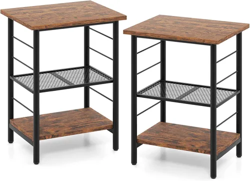 Miniatura 10 de GOFLAME Mesa auxiliar industrial de 3 niveles, mesita de noche con estante de metal de malla extraíble, almohadillas niveladoras ajustables, mesa