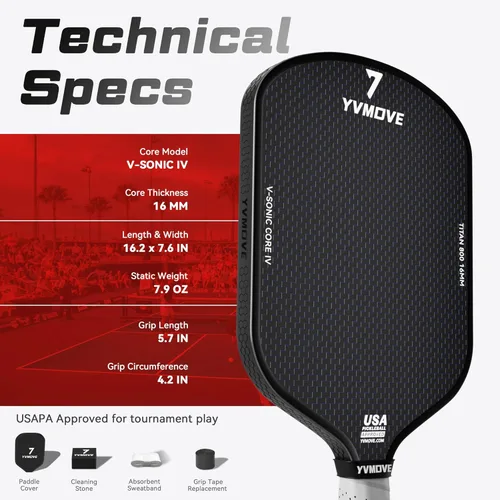 Miniatura 8 de Pickleball Paddles for Advanced Players Control & Power Ti-Carbon Hybrid Face V-Sonic III STR-Core 16MM Large Sweet Spot Mid
