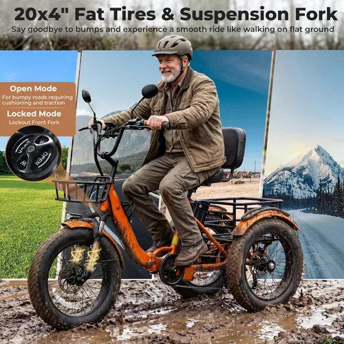 Miniatura 6 de Electric Tricycle for Adults 750W(Peak 1350W) 48V15.6Ah Etrike 20"x4" Fat Tire Electric Trike 3-Wheel Aluminum Alloy Folding Electric Tricycle Max