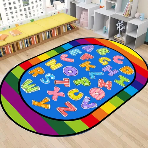 Miniatura 12 de Tapete de aprendizaje educativo para niños, 3 x 4 pies, tapete decorativo con diseño de planeta y alfabeto ABC, ovalado, grande, antideslizante