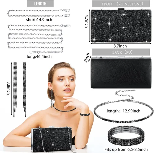 Miniatura 2 de 4 piezas de diamantes de imitación para mujer, bolsa de mano con clip para las orejas, gargantilla de novia, boda, pulsera colgante con purpurina