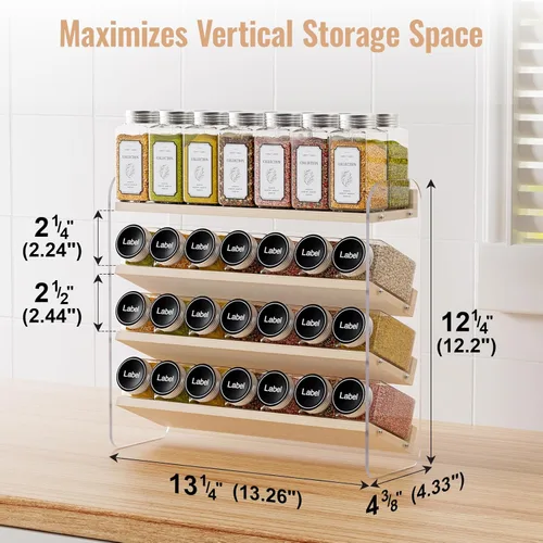 Miniatura 7 de MUDEELA Organizador de especias transparente para gabinete, estante vertical de 4 niveles, organizador de condimentos de madera para encimera