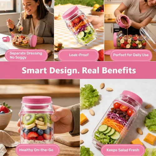 Miniatura 3 de Recipiente de ensalada con apertura lateral para oficina, viajes, gimnasio y picnic con aderezo y tapa, recipiente de ensalada a prueba de fugas