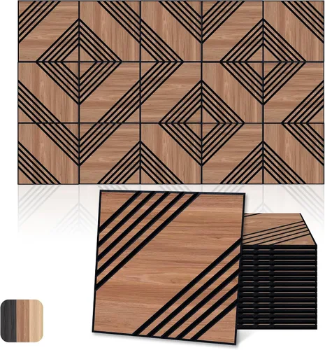 Miniatura 9 de Mollywell Paneles acústicos, decoración de grano de madera de PVC, azulejos de pared con patrón tallado de 12 x 12 pulgadas, autoadhesivos