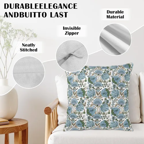 Miniatura 4 de Juego de 2 fundas de almohada con estampado de bloques azules de 16 x 16 pulgadas, diseño floral verde espárragos, fundas de almohada bohemias