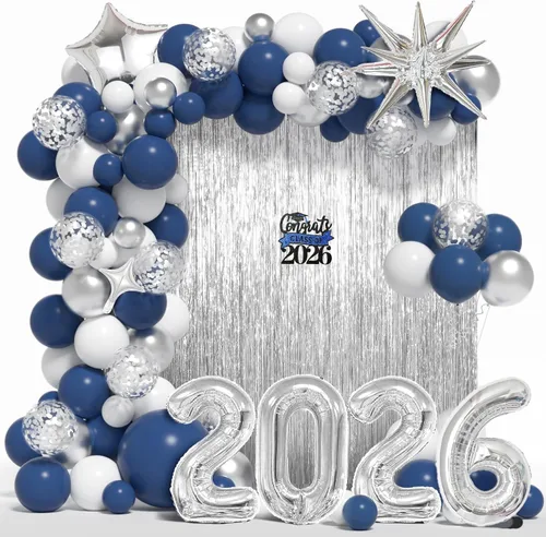 Miniatura 9 de Kit de arco de guirnalda de globos de graduación para decoraciones de graduación de clase de 2026, globos negros dorados y blancos de diferentes