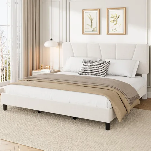 Miniatura 8 de Garvee Base de cama de tamaño individual con cabecera ajustable, base de cama tapizada de lino con listones de madera fuertes, base de colchón,