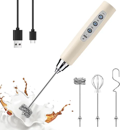 Miniatura 15 de YUSWKO - Espumador de leche recargable de mano con 3 cabezas, mezclador de bebidas con 3 velocidades ajustables para latte, cappuccino, chocolate