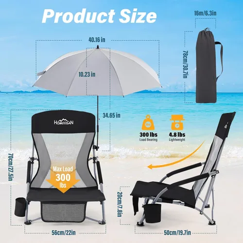 Miniatura 2 de Homcosan Silla de playa portátil baja plegable con paraguas desmontable, silla de campamento ligera para adultos con portavasos y bolsillo