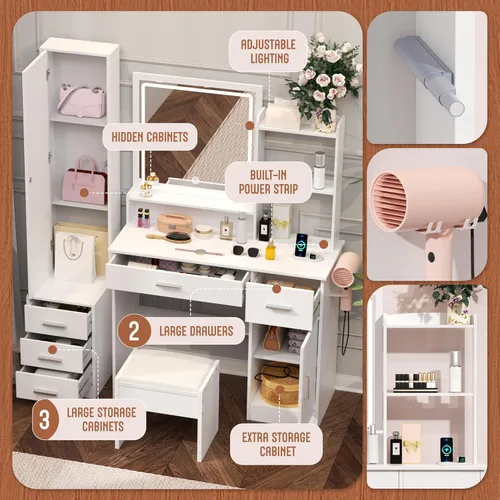 Miniatura 3 de INTERGREAT Tocador de maquillaje con luces y espejo, escritorio de tocador blanco, tocador con cajones grandes, 3 modos de iluminación, espejo