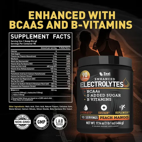Miniatura 2 de Polvo de electrolitos Zeal - 90 porciones Polvo de electrolitos Keto Cero azúcar, BCAAs, vitaminas B Potasio, zinc, magnesio Bebida
