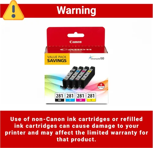 Miniatura 3 de Canon CLI-281 Paquete de 4 tintas negras, cian, magenta y amarillas, compatibles con impresoras TR8520, serie TR8620, TS9120 y TS6210, (paquete de 2)