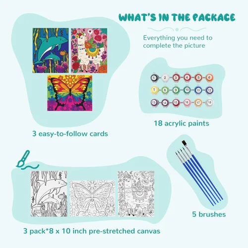 Miniatura 2 de goldentime Paquete de 3 Kits de Pintura por Números para Niños, Pintura en Lienzo Predibujado, Incluye Lienzo Enmarcado de 8 x 10 Pulgadas con 18