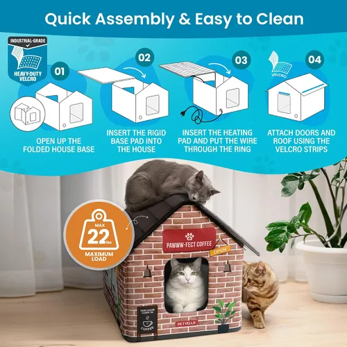 Miniatura 2 de Casa climatizada de lujo para gatos para invierno - Resistente a la intemperie, aislada, fácil montaje, almohadilla térmica para gatos, puertas