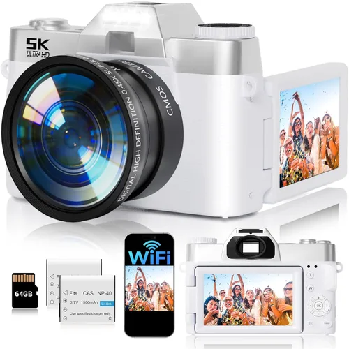 Miniatura 10 de Cámara digital 5K para fotografía, cámara de vlogging WiFi UHD de 75 megapíxeles para YouTube, cámara compacta con pantalla abatible de 3" 180°, Rosa