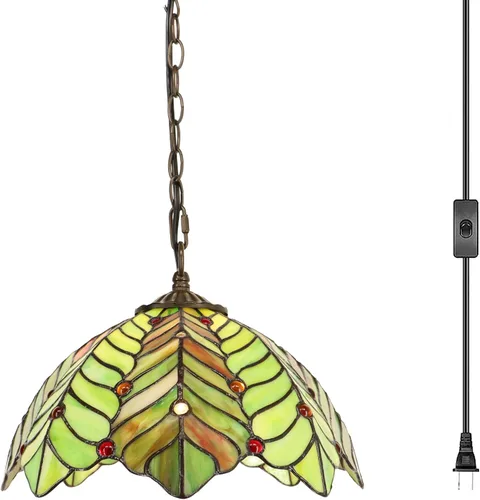 Miniatura 9 de Lámpara Colgante Tiffany con Enchufe, Lámpara Colgante de Cristal Emplomado de 12 Pulgadas, Cadena de 39 Pulgadas, Cable de 15 Pies, Sala de Estar