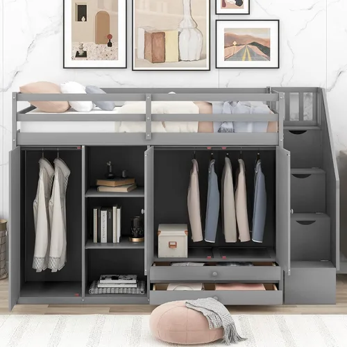 Miniatura 3 de Cama tipo loft gris de tamaño individual con escalera y escritorio en forma de L, cama alta de madera con estantes y cajones de almacenamiento