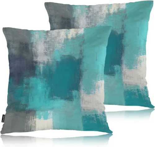 Swono Fundas de almohada decorativas con diseño de cuadros abstractos para sofá, color gris turquesa con grafiti, fundas de almohada decorativas