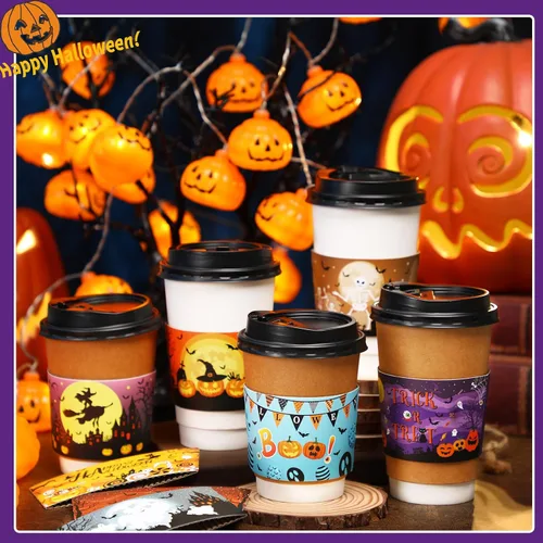 Miniatura 5 de NOVWANG 54 fundas para tazas de café de Halloween, divertidas fundas desechables de papel para tazas de 12 y 16 onzas, bebidas calientes