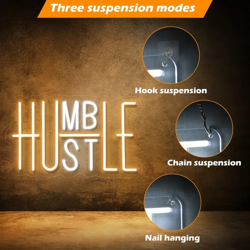 Miniatura 5 de Hustle - Letrero LED de neón para decoración de pared, decoración de fiesta humilde, interruptor alimentado por USB, luces LED de neón de brillo