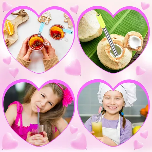 Miniatura 7 de Jutom Paquete de 16 pajitas de metal con forma de corazón, reutilizables, de acero inoxidable con puntas de silicona, lindas con 2 cepillos