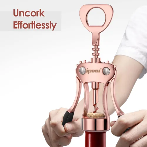 Miniatura 4 de IPOW Abridor de vino, abridor de botellas de vino de aleación de zinc, sacacorchos de ala resistente, sacacorchos multifuncional manual para Oro rosa