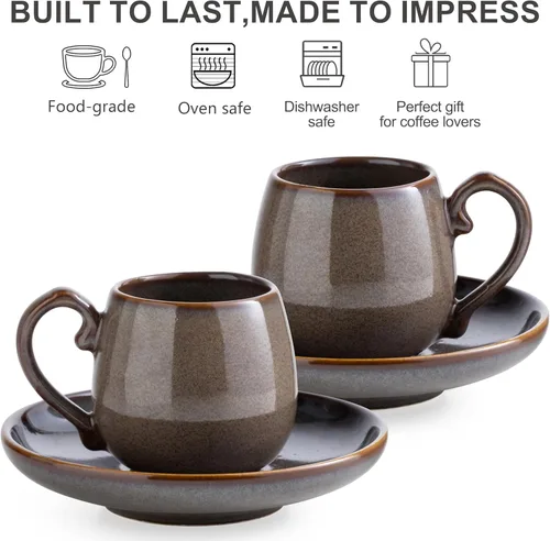 Miniatura 3 de LYEOBOH Juego de 6 tazas y platillos de espresso de 3 onzas, tazas de café pequeñas de cerámica con soporte de metal y cucharas, lindas tazas Marrón