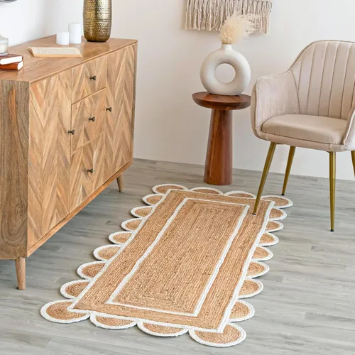 Alfombra festoneada de yute natural, base natural, borde blanco hueso, 2 pies x 6 pies