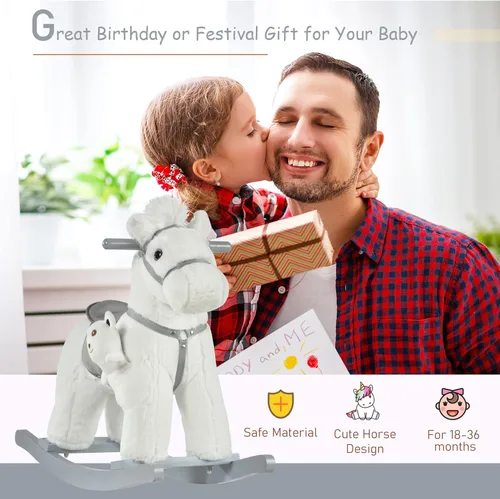 Miniatura 3 de Qaba Caballo Mecedor Montable de Peluche para Niños con Juguete de Oso, Silla para Niños con Juguete de Peluche Suave y Divertidos Sonidos Blanco