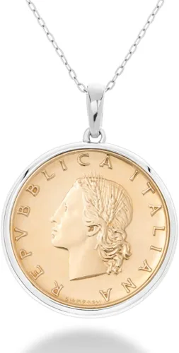 Miabella Collar con colgante de moneda de plata de ley 925 italiana auténtica de 20 lira para mujer cadena de 18 pulgadas fabricado en Italia Plata