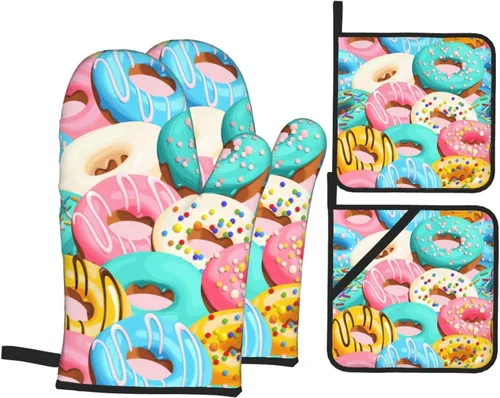 Juego de 4 manoplas de horno y soportes para ollas con forma de dona, guantes resistentes al calor para cocina, hornear, asar a la parrilla, barbacoa