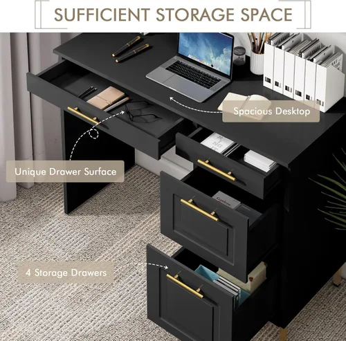 Miniatura 3 de 4 EVER WINNER Escritorio negro con cajones, modernos escritorios de oficina en casa con asas y cajones dorados, mesa de computadora para espacios