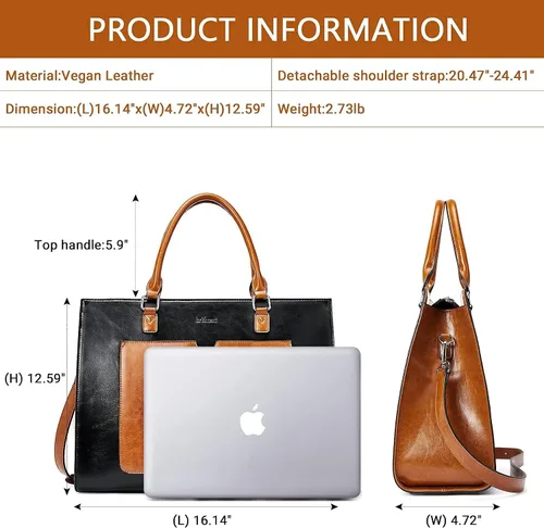 Miniatura 3 de BROMEN Maletín de cuero para mujer 15.6 pulgadas portátil bolso de hombro negro con marrón y mujeres cuero RFID blcoking cremallera cartera marrón