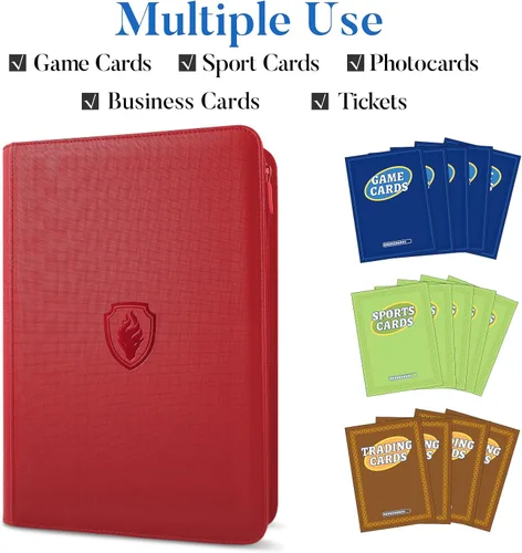 Miniatura 3 de Fabmaker - Carpeta de tarjetas con cierre de alta calidad, 9 bolsillos, cubierta de poliuretano, álbum de colección de tarjetas con cremallera, Rojo