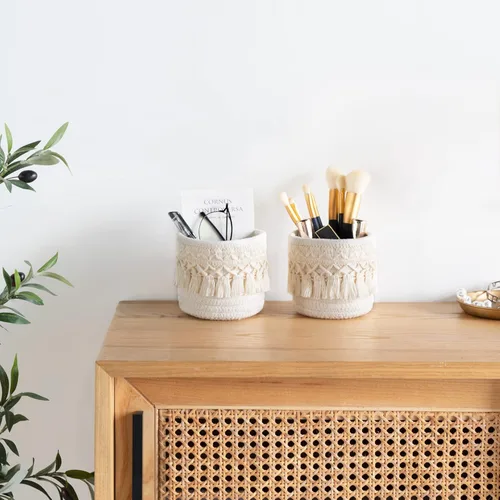 Miniatura 3 de Mkono Soporte Organizador de Brochas de Maquillaje de Macramé Peine Brochas Mini Cesta de Almacenamiento Juego de 2 Cestas de Decoración Boho