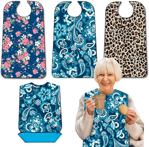 Miniatura 10 de Paquete de 3 baberos para adultos con recogedor de migas, baberos lavables y ajustables para adultos para mujeres mayores, baberos para comer