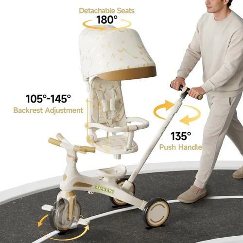 Miniatura 5 de Winhope Triciclo para niños, triciclo 6 en 1 para bebés con asa de empuje ajustable, asiento reversible y toldo, cochecito de bebé para niños de 1 a