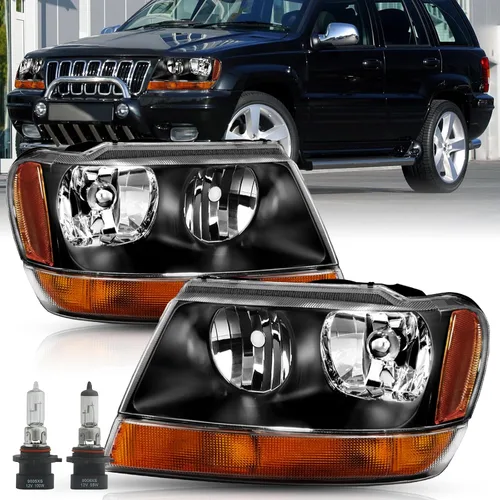 Miniatura 13 de TUSDAR Juego de faros halógenos para Jeep Grand Cherokee WJ 1999-2004 del lado del conductor y acompañante con carcasa cromada y reflector ámbar