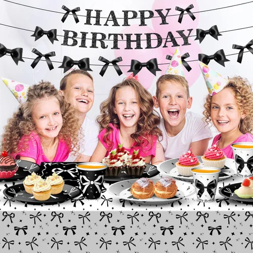 Miniatura 6 de Suministros de fiesta de cumpleaños de lazo negro para niña, decoraciones de fiesta de cumpleaños coquette incluyen platos de lazo negro