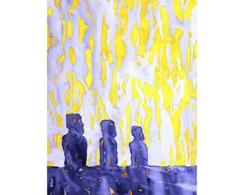 Fine art watercolor painting of UNESCO World Heritage ruins of Moai statues on Easter Island- Chile (print).