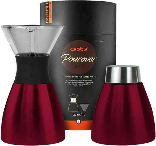asobu Cafetera de Vertido Aislada (32 oz.) Vacío de Doble Pared, Filtro de Acero Inoxidable y Jarra para Llevar (Borgoña)