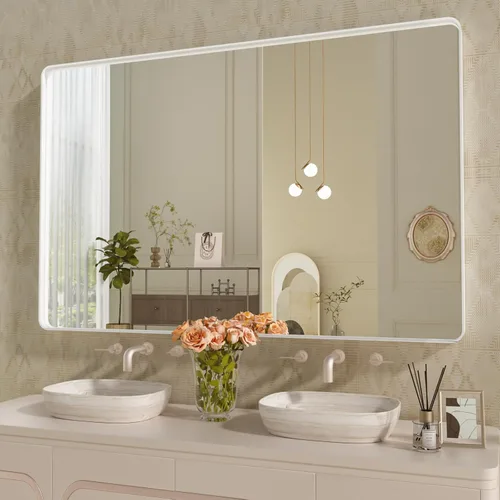 Miniatura 75 de WEER - Espejo de baño dorado, espejo de 40x32 pulgadas con marco de metal dorado cepillado, espejo de tocador de baño de oro para pared