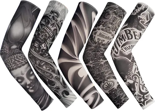 Mangas de tatuaje para hombres, juego de mangas de brazo de tatuaje temporal falso, negro, 5 piezas