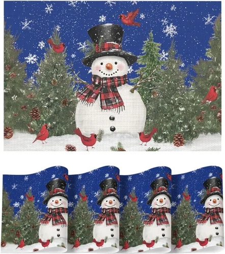 Artoid Mode - Juego de 4 manteles individuales de vinilo con diseño de muñeco de nieve y árboles, florales navideños, azules, lavables, tejidos de