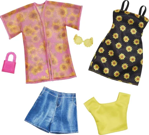 Barbie Fashions - Juego de ropa de 2 unidades, 2 trajes de muñeca, incluye camisa, pantalones cortos y kimono, vestido de girasol sin mangas y 2