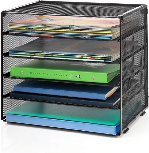 Organizador de archivos de escritorio, clasificador de malla de alambre de escritorio con 5 compartimentos y 4 bandejas retráctiles para correo,