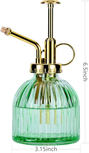 Miniatura 2 de Botella pulverizadora de vidrio para plantas, botella de rociador de agua de vidrio verde de 6.5 pulgadas con bomba superior dorada, regadera
