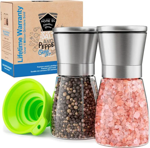 Home EC Juego de 2 molinillos de sal marina y pimienta de acero inoxidable originales, de cerámica ajustable, salero y pimentero de cristal, Vidrio