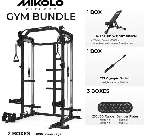 Miniatura 2 de Mikolo HR06 Power Cage with Aluminum Pulleys, 2000LB Power Rack with Independent Dual Pulley System, Multi-Function Home Gym Workout Machine for
